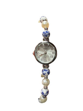 Monte Carlo Beaded Bracelet Watch NWT Blue White Faux Pearl Adjustable Boho Chic